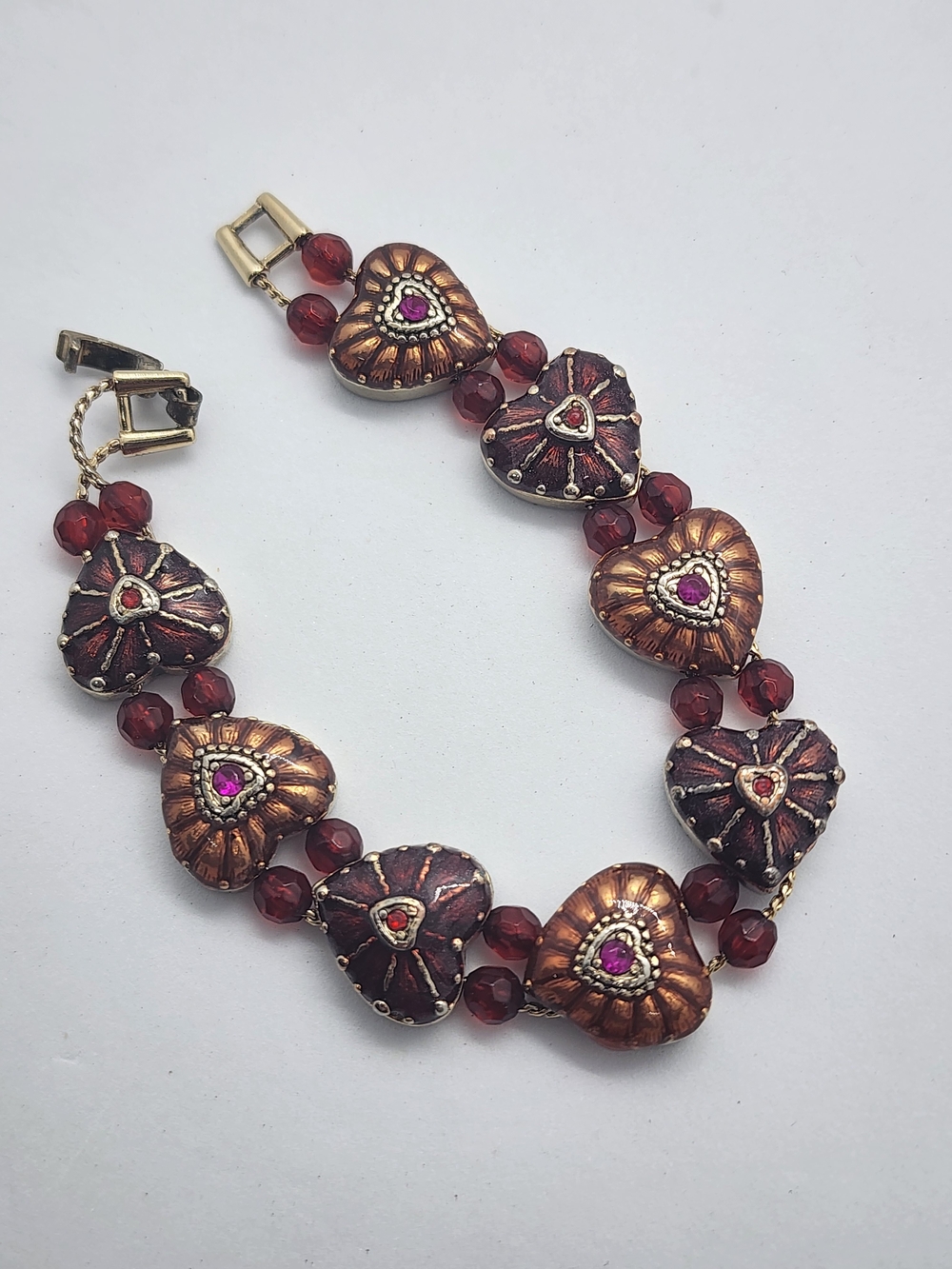 Vintage Signed Monet Red Enamel Crystal Heart Link Bracelet